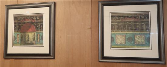 Four coloured architectural prints, framed and glazed